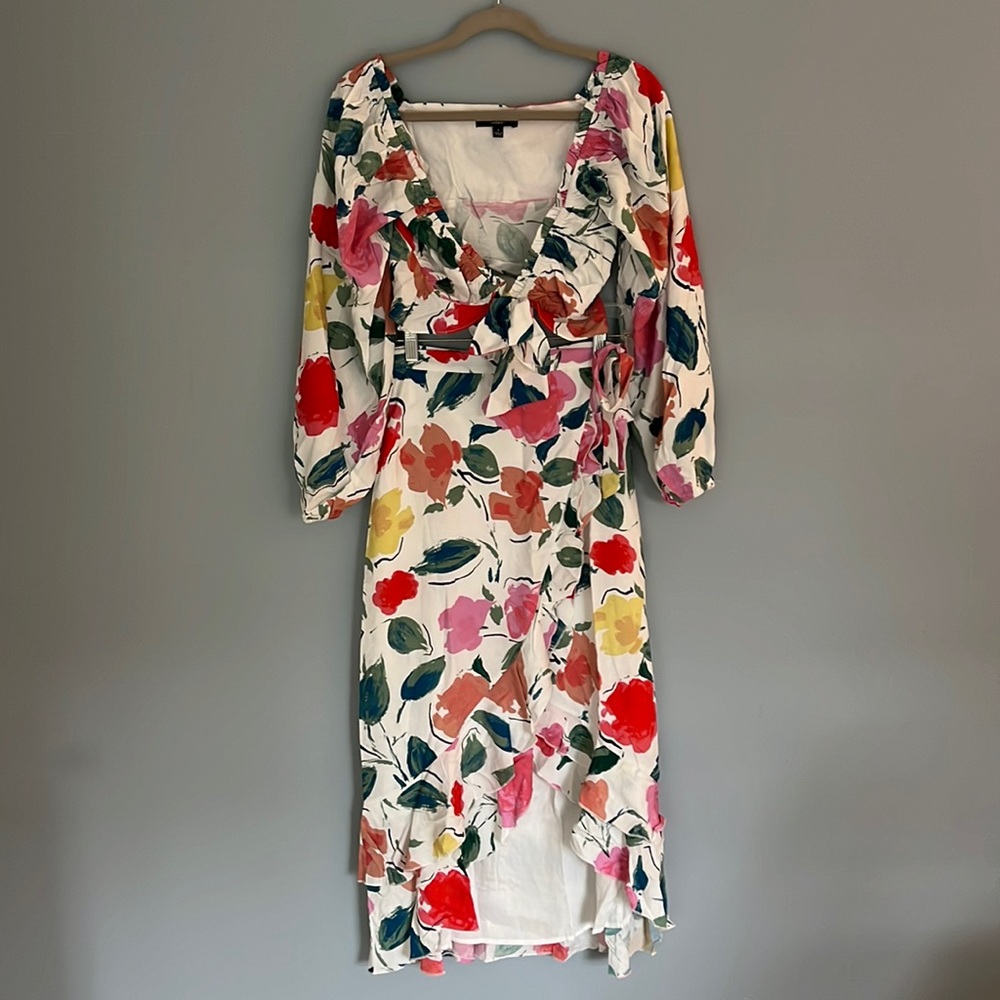 Lulus Painted Perfection White Floral Print Cop Top & Wrap Midi Skirt Size Small